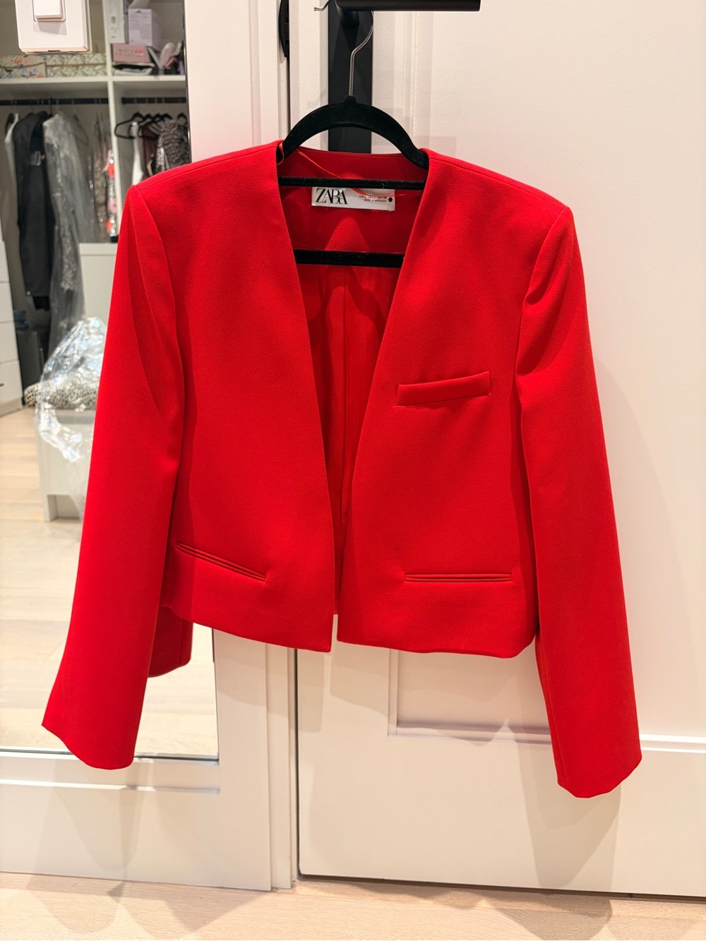 ZARA Bright Red Collarless Open Blazer